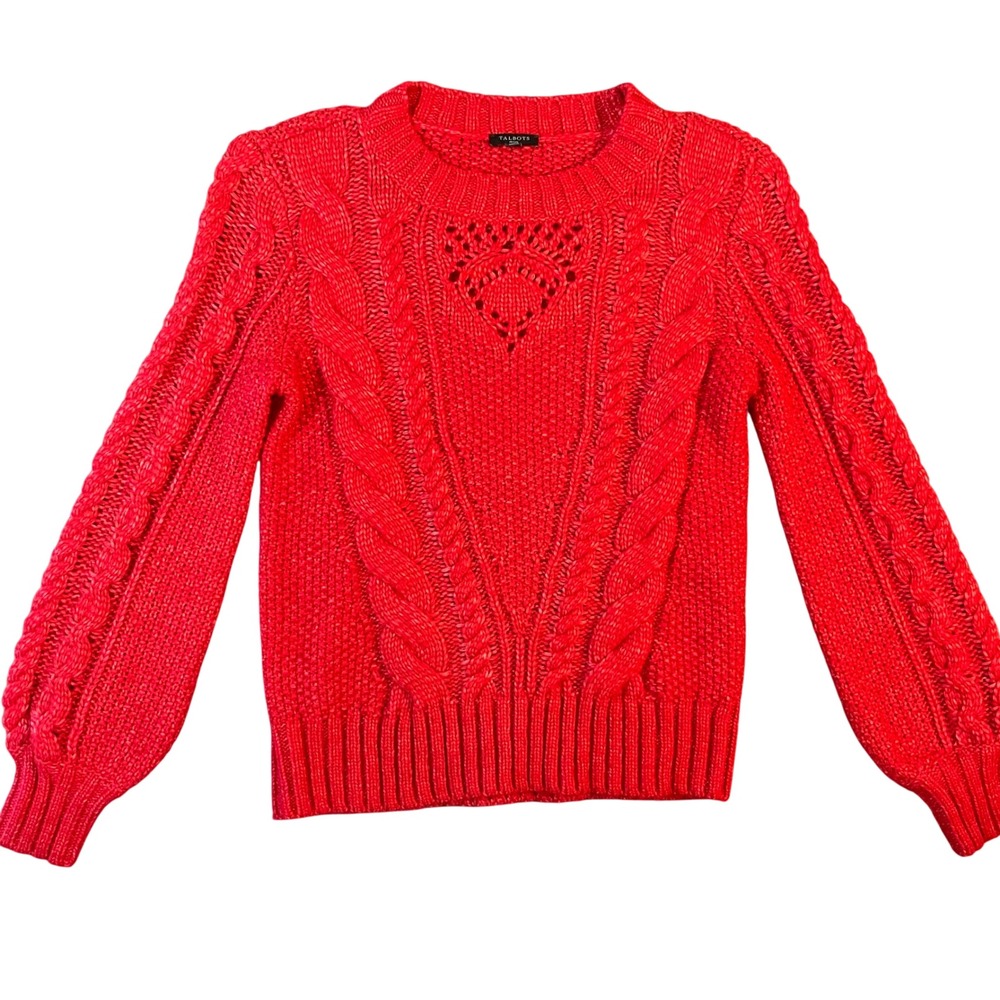 Talbots Cable Knit‎ Sweater Red Size Small Petite Balloon Sleeve Cozy Classic